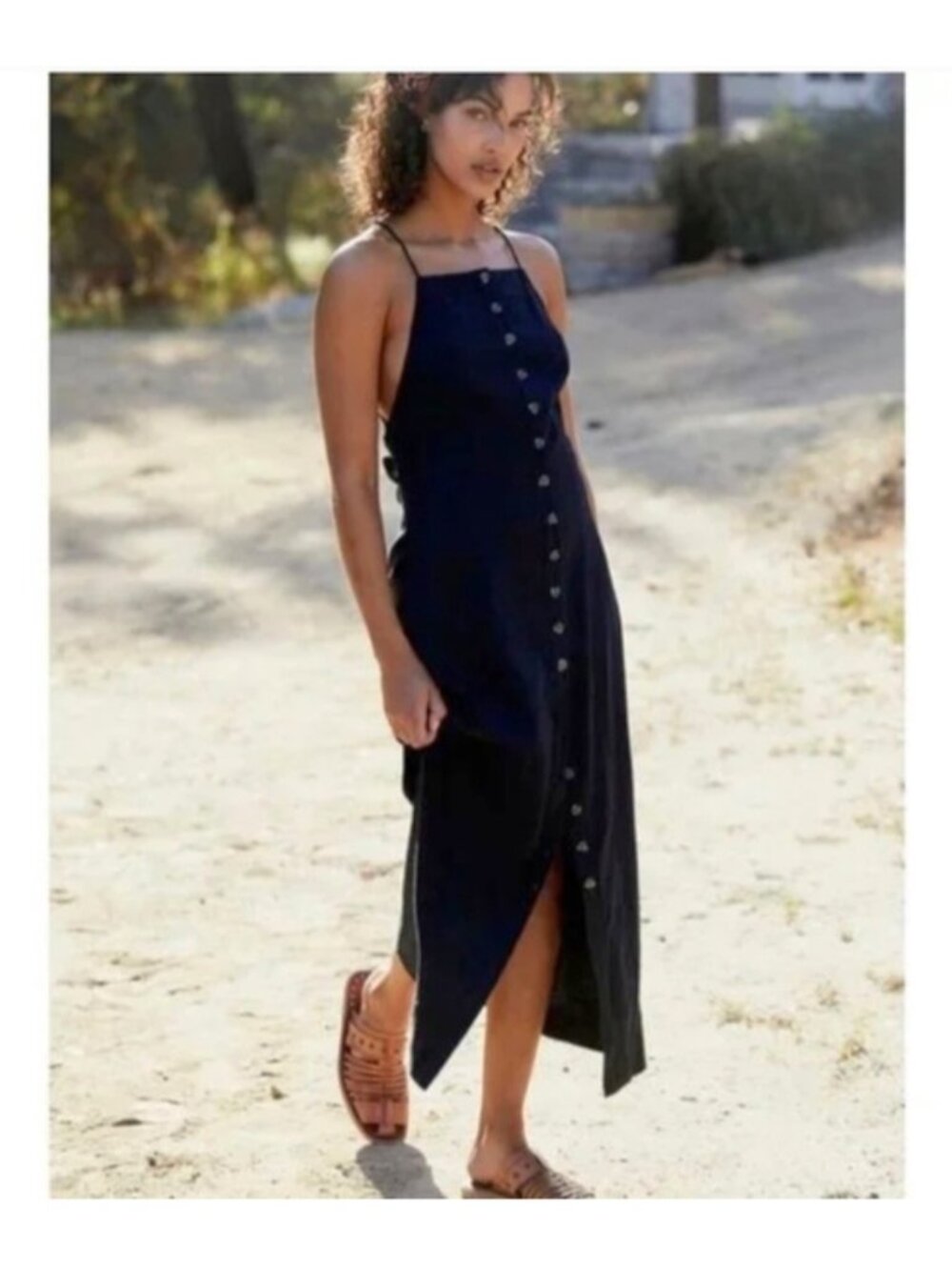Free People Black Linen Button Front Maxi Dress Size L NWT Crossback - Picture 2 of 13